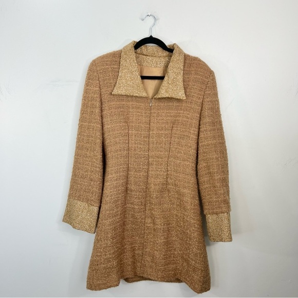 Vintage 60s Mod tan camel boucle tweed long sleeve front zip mini dress S - Picture 4 of 14